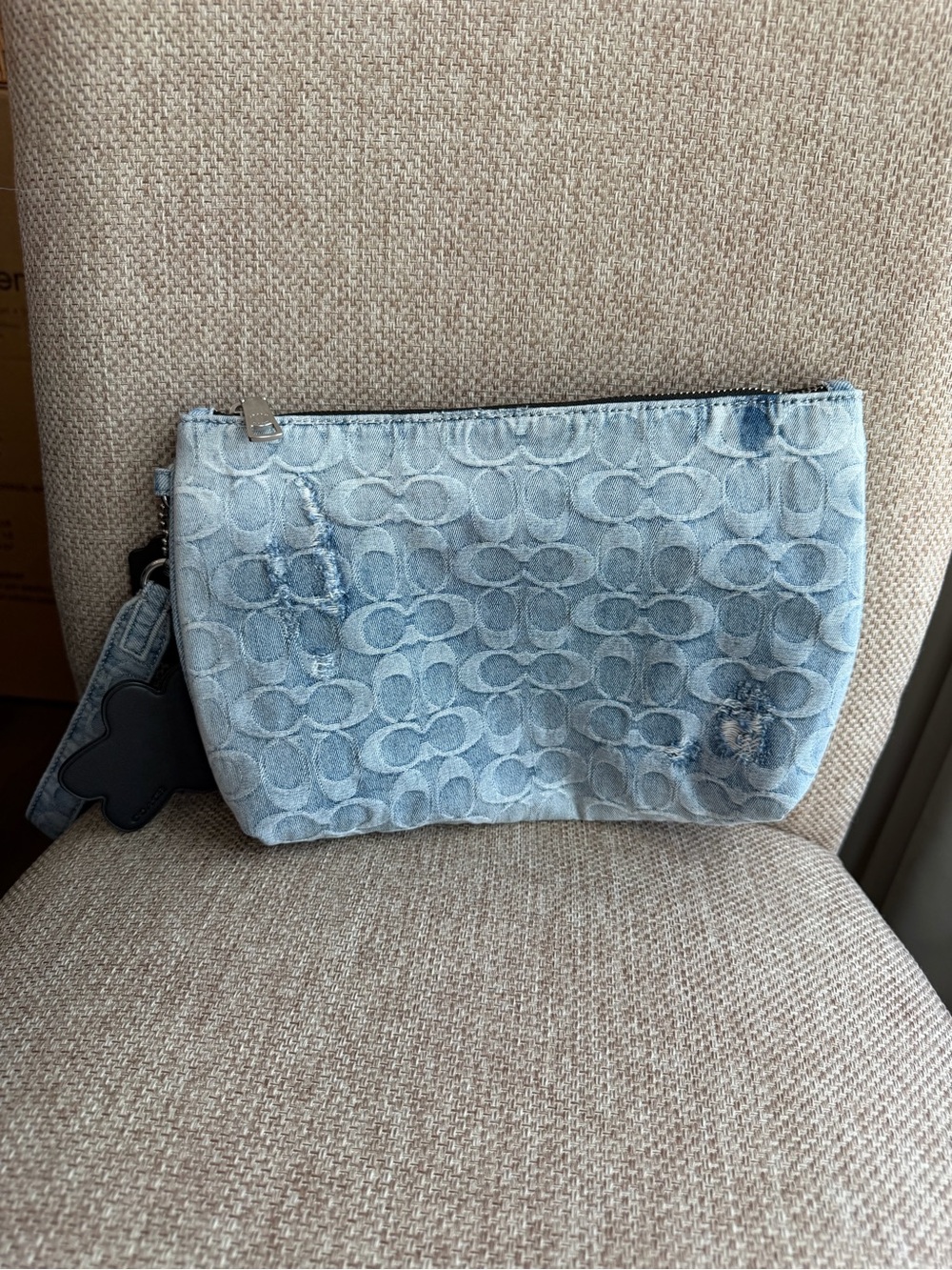Coach Light Blue Denim Monogram Wristlet pouch